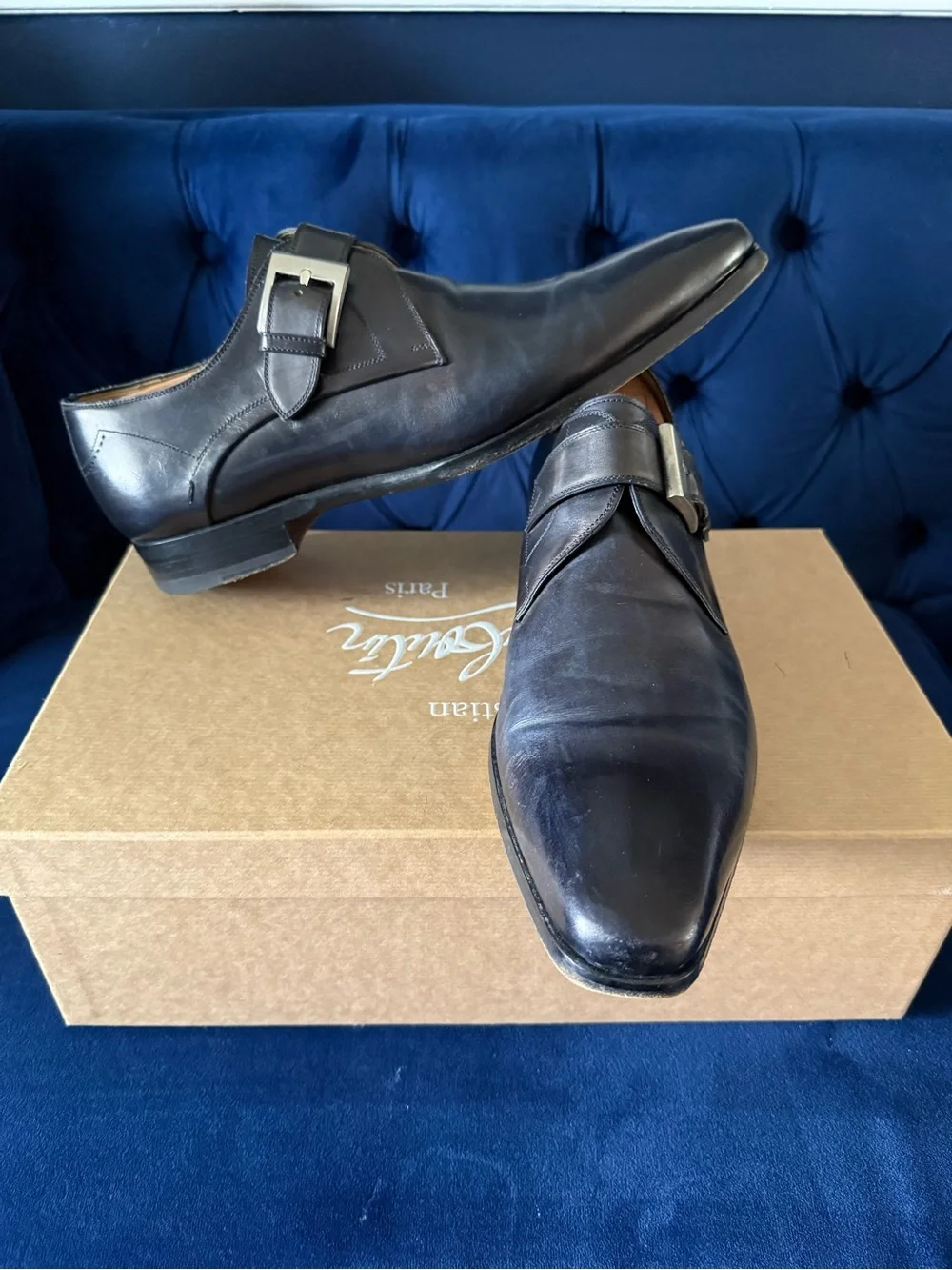 Magnanni Navy Leather Single Monk Strap Shoes